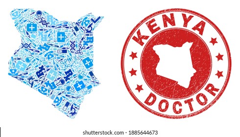 Vector mosaic Kenya map with treatment icons, test symbols, and grunge doctor seal. Red round seal with grunge rubber texture and Kenya map caption and map.
