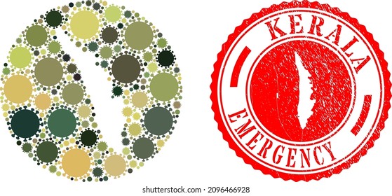 Vector Mosaic Kerala State Map Of Covid Infection Items And Grunge EMERGENCY Seal Stamp.