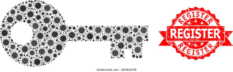 Vector mosaic key of virus, and Register corroded ribbon seal imitation. Virus elements inside key mosaic. Red seal has Register caption inside ribbon.