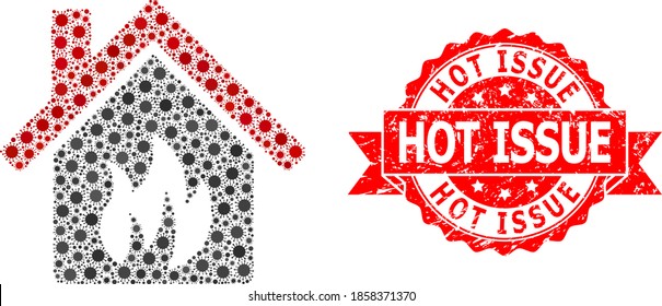 Vector mosaic kitchen building of covid, and Hot Issue scratched ribbon stamp seal. Virus cells inside kitchen building mosaic. Red stamp seal includes Hot Issue caption inside ribbon.