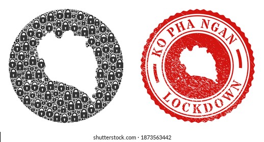 Vector mosaic Ko Pha Ngan map of locks and grunge LOCKDOWN seal. Mosaic geographic Ko Pha Ngan map constructed as carved shape from round shape with black locks.