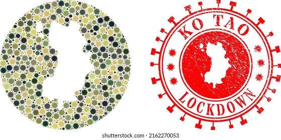 Mosaico vectorial Ko Tao mapa de elementos covid-2019 y placa LOCKDOWN gruesa. Mapa geográfico mosaico de Ko Tao construido como esténcil de forma redonda con elementos del virus de la gripe en colores del ejército de camuflaje.