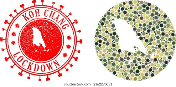 Vector mosaic Koh Chang map of virus outbreak elements and grunge LOCKDOWN seal.