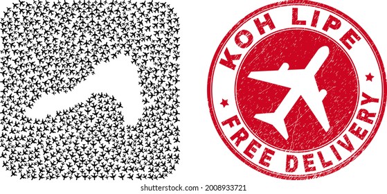 Vector mosaic Koh Lipe map of aeroplane items and grunge Free Delivery seal. Collage geographic Koh Lipe map constructed as hole from rounded square shape with flying away air force symbols.