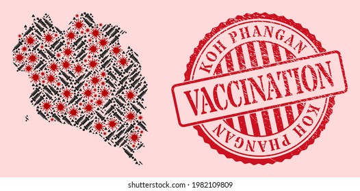 Vector mosaic Koh Phangan map of corona virus, vaccine icons, and red grunge vaccination seal. Virus particles and vaccine items inside Koh Phangan map.