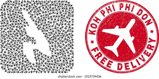 Vector mosaic Koh Phi Don map of aeroplane items and grunge Free Delivery stamp. Mosaic geographic Koh Phi Don map designed as hole from rounded square with escaping air force plane symbols.