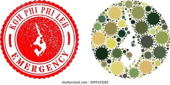 Mosaico vectorial Koh Phi Leh mapa de íconos de virus cóvidos y placa de EMERGENCIA gruesa.