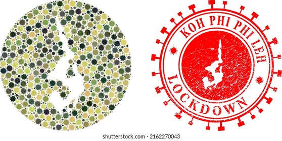 Vector mosaic Koh Phi Leh map of covid infection icons and grunge LOCKDOWN seal stamp.