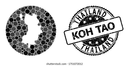 Vector mosaic Koh Tao map with round elements, and grey rubber stamp. Subtraction round Koh Tao map collage designed with circles in different sizes, and dark grey color tones.