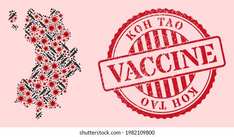Vector mosaic Koh Tao map of covid-2019 virus, vaccine icons, and red grunge vaccination stamp. Virus cells and vaccine particles inside Koh Tao map.