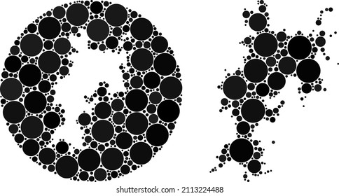 Vector mosaic Komodo Island map of round elements. Mosaic geographic Komodo Island map is created as stencil from round shape with round dots in black color hues.