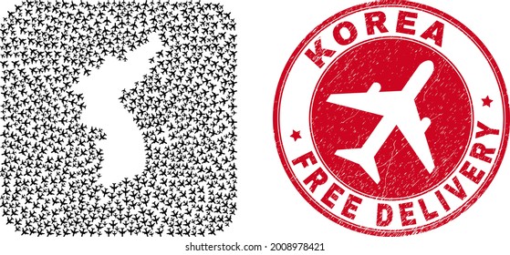 Vector mosaic Korea map of aircraft elements and grunge Free Delivery seal stamp. Collage geographic Korea map created as carved shape from rounded square shape with flying away aircraft.