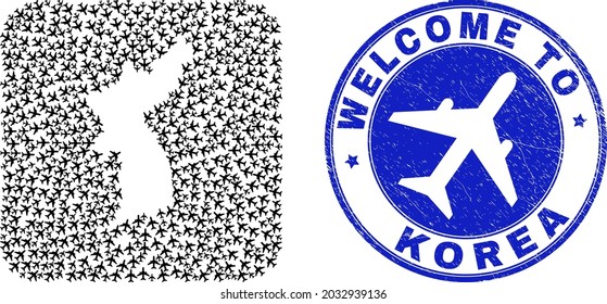 Vector mosaic Korea map of airliner items and grunge Welcome stamp. Mosaic geographic Korea map designed as hole from rounded square with air flights.