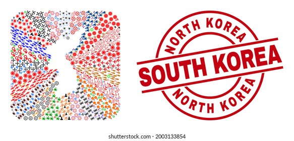 Vector mosaic Korea map of different symbols and North Korea South Korea seal stamp. Mosaic Korea map constructed as carved shape from rounded square shape.