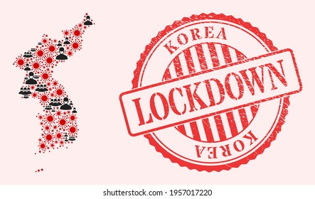Vector mosaic Korea map of flu virus, masked men and red grunge lockdown seal. Virus items and men in masks inside Korea map. Red imprint with grunge rubber texture and LOCKDOWN tag.
