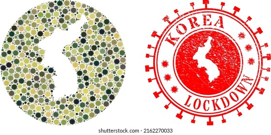 Vector mosaic Korea map of virus outbreak items and grunge LOCKDOWN seal stamp. Mosaic geographic Korea map created as stencil from round shape with sars virus items in camouflage army color hues.
