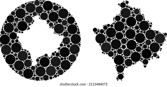 Vector mosaic Kosovo map of round elements. Mosaic geographic Kosovo map created as stencil from round shape with round dots in black color hues. Dotted vector mosaic Kosovo map.