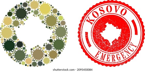 Vector mosaic Kosovo map of sars virus elements and grunge EMERGENCY seal. Mosaic geographic Kosovo map constructed as hole from circle with virus elements in camo army color hues.