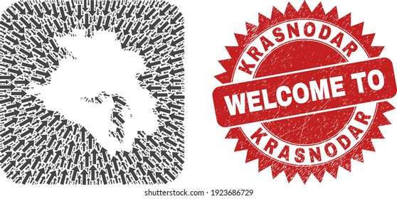 Mosaico vectorial Krasnodarskiy Mapa de flechas de entrega y placa de bienvenida grunge. Mapa geográfico mosaico Krasnodarskiy Kray construido como un esténcil de forma cuadrada redondeada con flechas rectas.