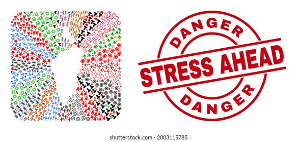 Vector mosaic Krasnoyarskiy Kray map of different icons and Danger Stress Ahead seal. Mosaic Krasnoyarskiy Kray map constructed as subtraction from rounded square.