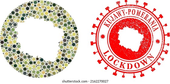 Vector mosaic Kujawy-Pomerania Province map of SARS virus items and grunge LOCKDOWN stamp.