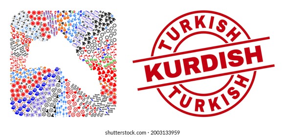 Vector mosaic Kurdistan map of different symbols and Turkish Kurdish seal. Collage Kurdistan map created as carved shape from rounded square. Red round seal with Turkish Kurdish caption.
