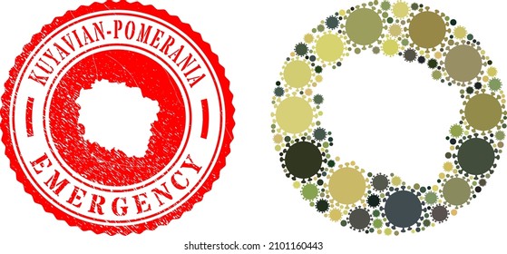Vector mosaic Kuyavian-Pomeranian Voivodeship map of flu virus elements and grunge EMERGENCY stamp.