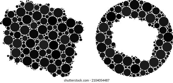 Vector mosaic Kuyavian-Pomeranian Voivodeship map of sphere parts. Mosaic geographic Kuyavian-Pomeranian Voivodeship map designed as hole from round shape with sphere dots in black color hues.