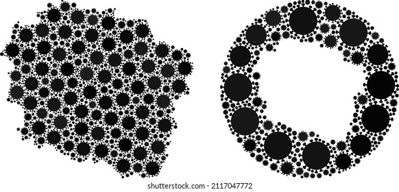 Vector mosaic Kuyavian-Pomeranian Voivodeship map of flu virus items. Mosaic geographic Kuyavian-Pomeranian Voivodeship map created as hole from circle with virus elements in black colors.