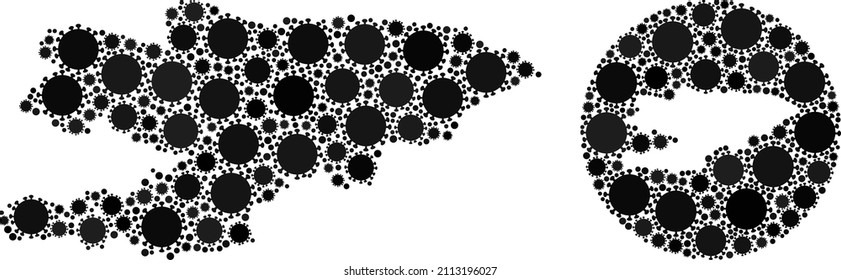 Vector mosaic Kyrgyzstan map of covid infection icons. Mosaic geographic Kyrgyzstan map created as hole from round shape with covid icons in black color hues. Template for health care warnings.