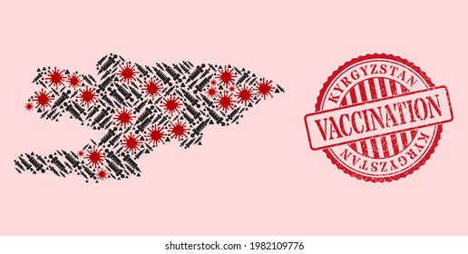 Vector mosaic Kyrgyzstan map of SARS virus, vaccine icons, and red grunge vaccine seal stamp. Virus elements and syringe needles inside Kyrgyzstan map.
