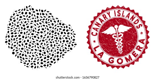 Vector mosaic La Gomera Island map and red round distressed stamp watermark with medic symbol. La Gomera Island map collage composed with oval items. Red round clinic stamp, with grunge texture.