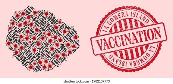 Vector mosaic La Gomera Island map of SARS virus, vaccine icons, and red grunge vaccine seal. Virus items and vaccine particles inside La Gomera Island map.