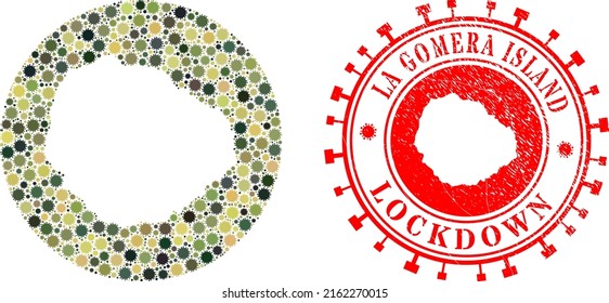 Mosaico vectorial de la isla La Gomera mapa de elementos del virus sars y placa LOCKDOWN gruesa. Mapa geográfico mosaico de la isla de La Gomera creado como esténcil de círculo con elementos del virus SARS en colores del ejército de camo.