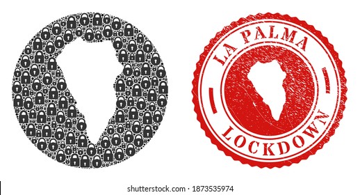 Vector mosaic La Palma Island map of locks and grunge LOCKDOWN seal. Mosaic geographic La Palma Island map designed as carved shape from round shape with black locks.