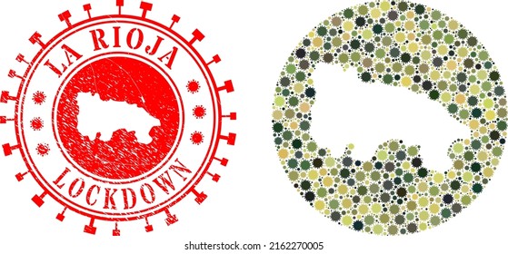 Mosaico vectorial La Rioja de España mapa de iconos covid-2019 y sello de sello LOCKDOWN grunge.