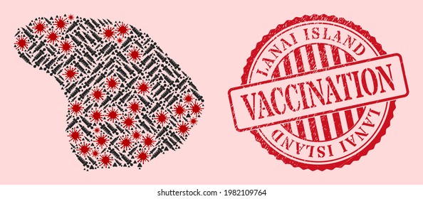 Vector mosaic Lanai Island map of flu virus, vaccination icons, and red grunge vaccination seal stamp. Virus items and dose items inside Lanai Island map.