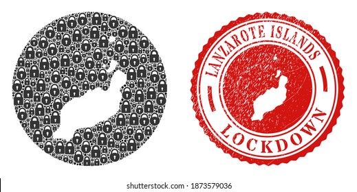 Vector mosaic Lanzarote Islands map of locks and grunge LOCKDOWN seal stamp. Mosaic geographic Lanzarote Islands map created as subtraction from round shape with black locks.