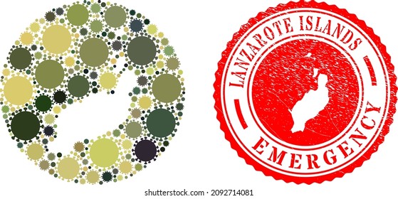 Mapa del mosaico vectorial de las islas Lanzarote de los ítems de infección por covid y sello de sellado de EMERGENCIA gruesa.