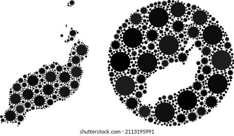 Vector mosaic Lanzarote Islands map of SARS virus items. Mosaic geographic Lanzarote Islands map created as carved shape from circle with flu virus elements in black color hues.