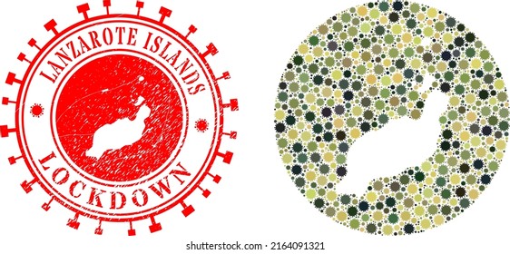 Vector mosaic Lanzarote Islands map of covid icons and grunge LOCKDOWN seal.