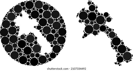 Vector mosaic Laos map of sphere elements. Mosaic geographic Laos map is created as carved shape from round shape with round dots in black color hues. Dot vector mosaic Laos map.