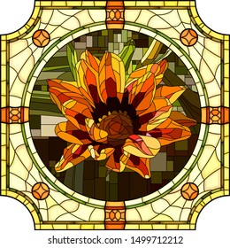 Vector mosaic with large cells of blooming orange gazania in round stained-glass window frame.