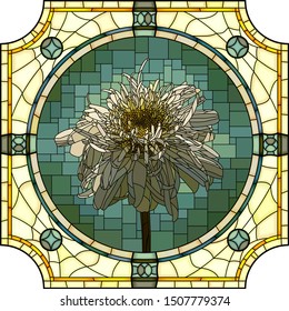 Vector mosaic with large cells of blooming terry camomile in round stained-glass window frame.