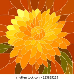 Vector mosaic with large cells of brightly yellow chrysanthemum on red.