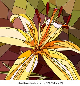 Vector mosaic with large cells of brightly yellow lily on brown.