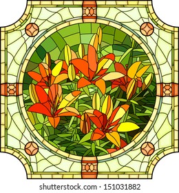 Vector mosaic with large cells of brightly red lilies with buds in round stained-glass window frame.