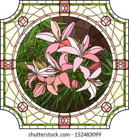 Vector mosaic with large cells of brightly pink lilies with buds in round stained-glass window frame.