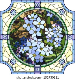 Vector mosaic with large cells of brightly blue forget-me-not with buds in round stained-glass window frame.