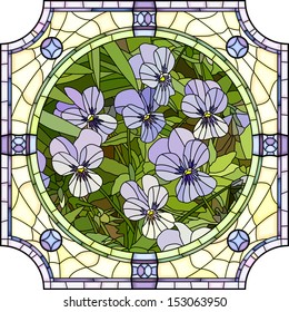 Vector mosaic with large cells of brightly purple pansies with buds in round stained-glass window frame.